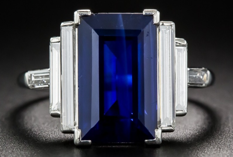 Natural 5.00 Carat Emerald-Cut Sapphire and Long Baguette Diamond Ring