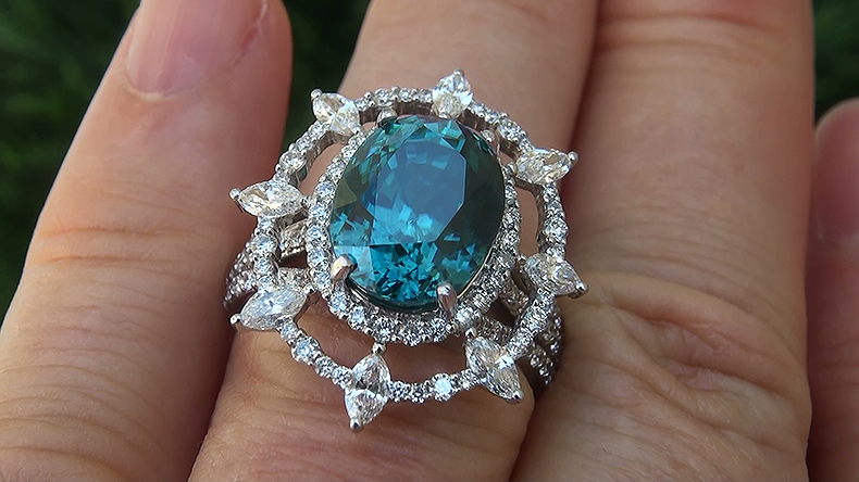GIA 9.76 ct Natural VVS Blue Zircon Diamond PLATINUM Cocktail Estate Ring
