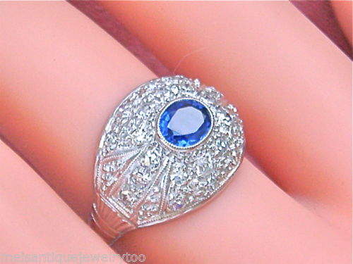 VINTAGE .60ctw DIAMOND .60ct OVAL BLUE SAPPHIRE PLATINUM MOUND RING 1950