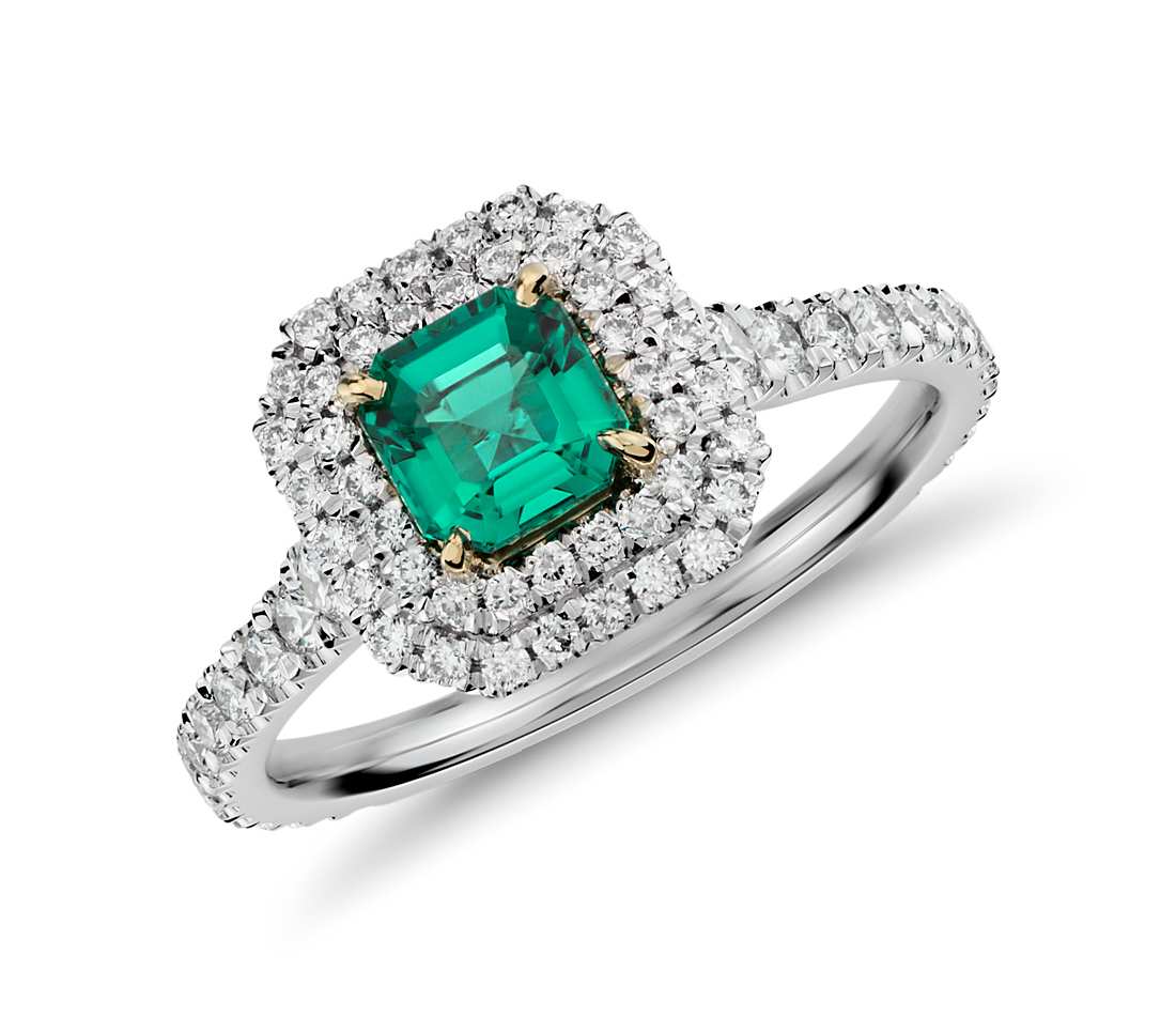 Emerald and Micropavé Diamond Double Halo Ring in 18k White and Yellow Gold (0.69 ct.) $10,000