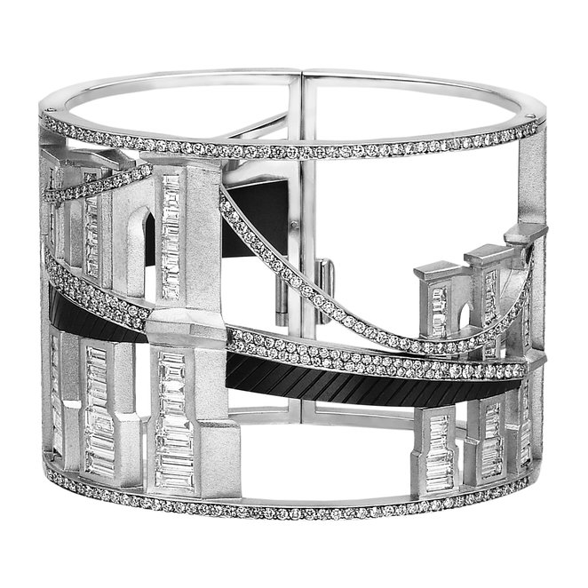 Bridges of New York Bangle Cuff Bracelet in 18K White Gold & Titanium with 671 Diamonds (28 1/2 cttw)
