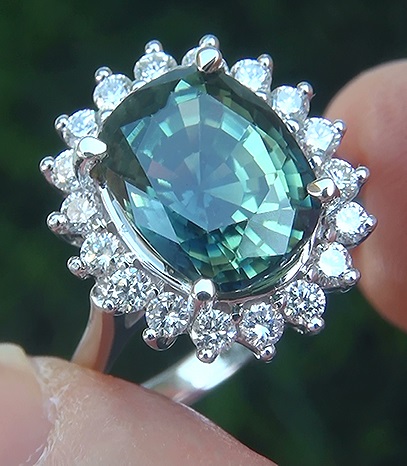 GIA 5.24 ct UNHEATED Natural VVS Blue Green Sapphire Diamond 14k White Gold Ring
