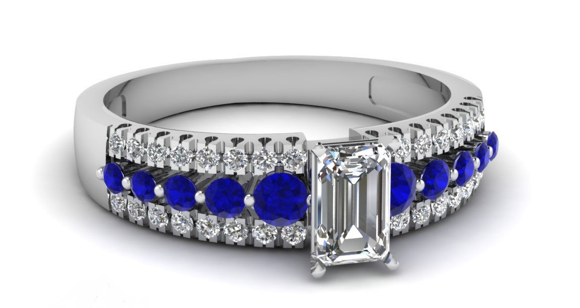 Blue Sapphire Engagement Rings For Women 1 CARAT Emerald Cut Diamond VS2-E Color