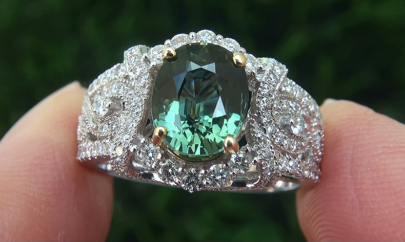 AIGS 3.24 ct UNHEATED Natural VVS Green Sapphire Diamond 14k White Yellow Gold Ring