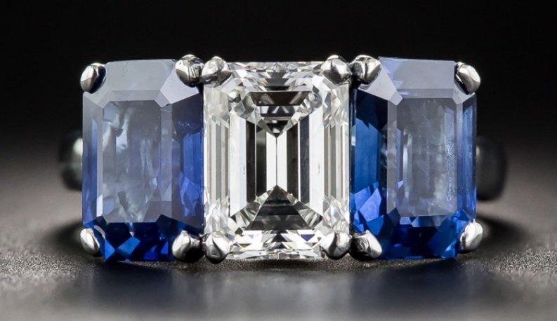 1.73 Carat Emerald-Cut Diamond and No Heat Sapphire Three-Stone Ring - GIA F VVS1 