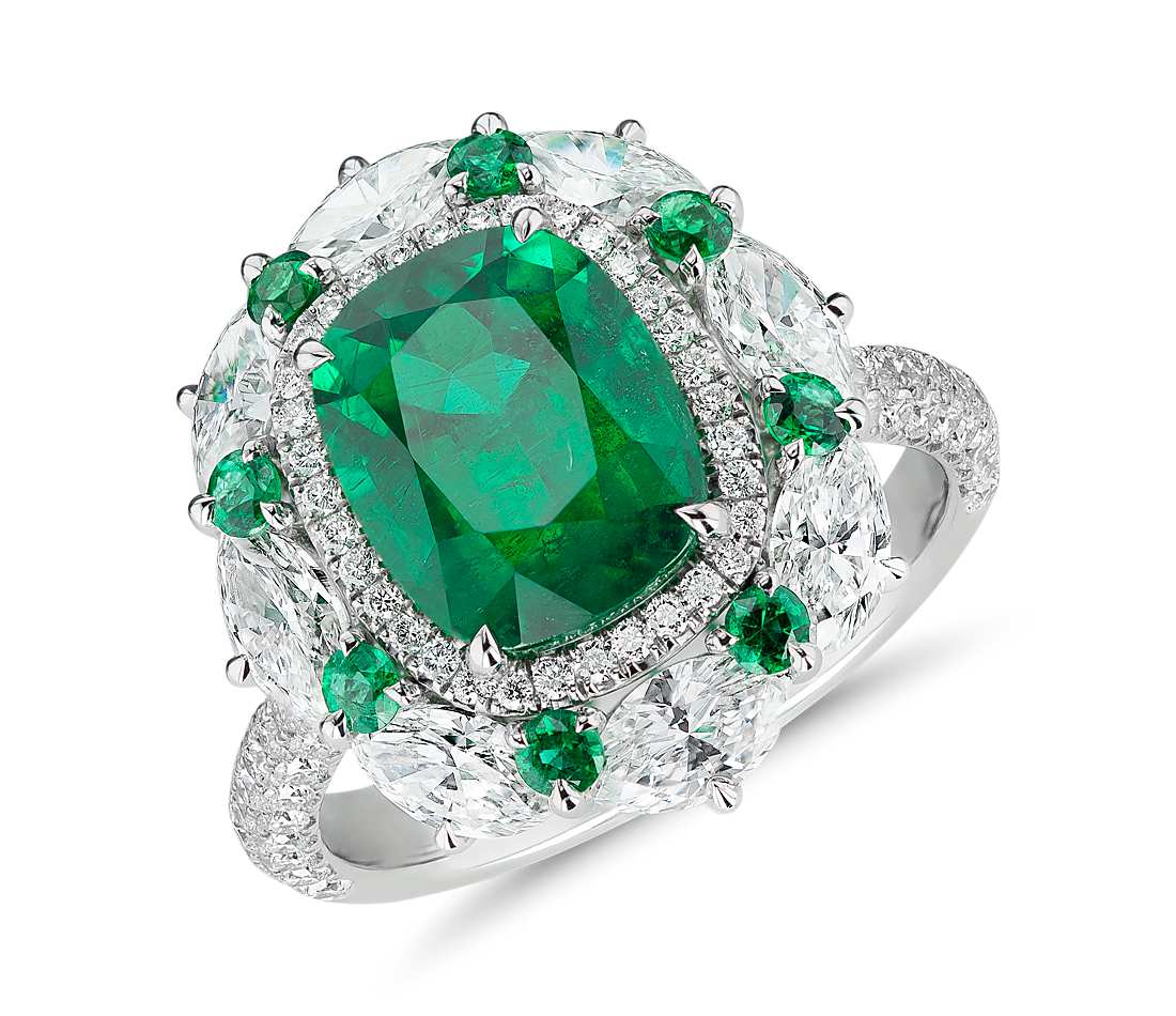 Emerald and Diamond Cocktail Ring in 18k White Gold (3.71 ct. center)