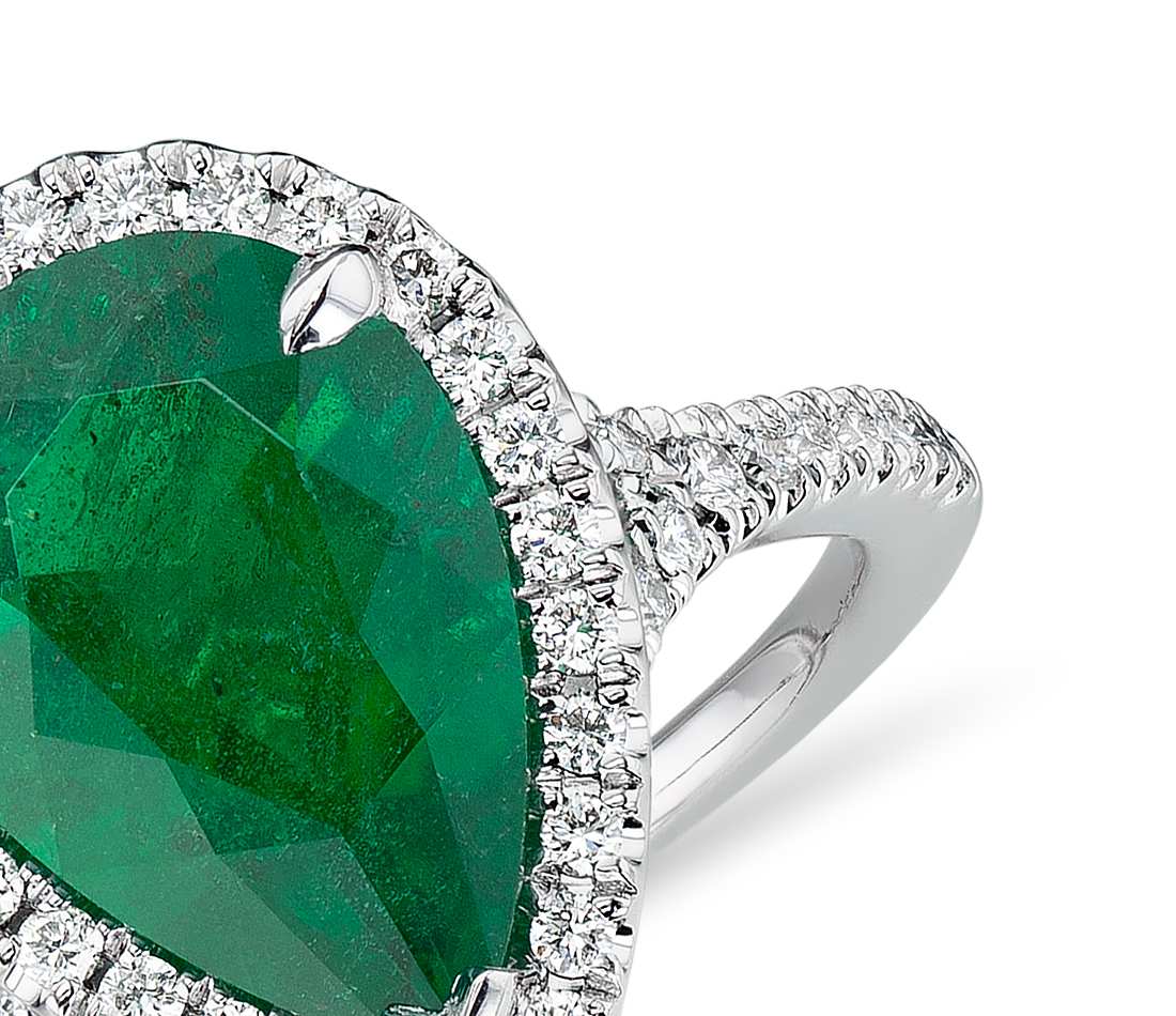 Emerald Pear-Shape and Diamond Halo Cocktail Ring