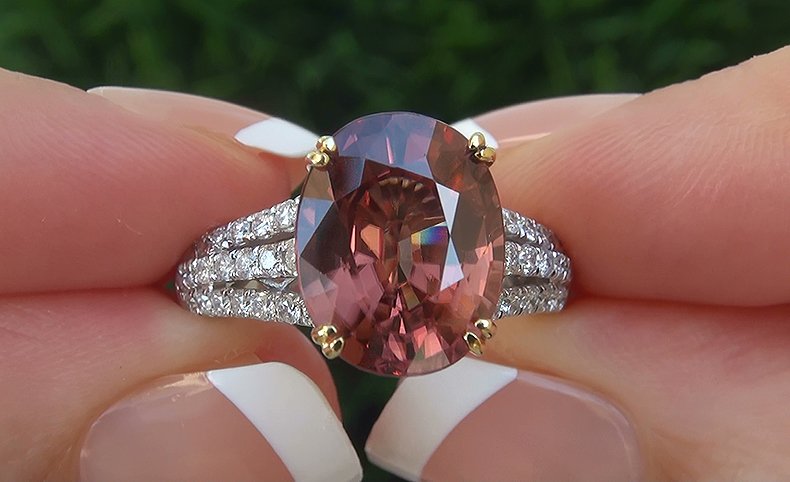 GIA 8.31 ct Natural FLAWLESS Pink Zircon Diamond 14k White Yellow Gold Ring