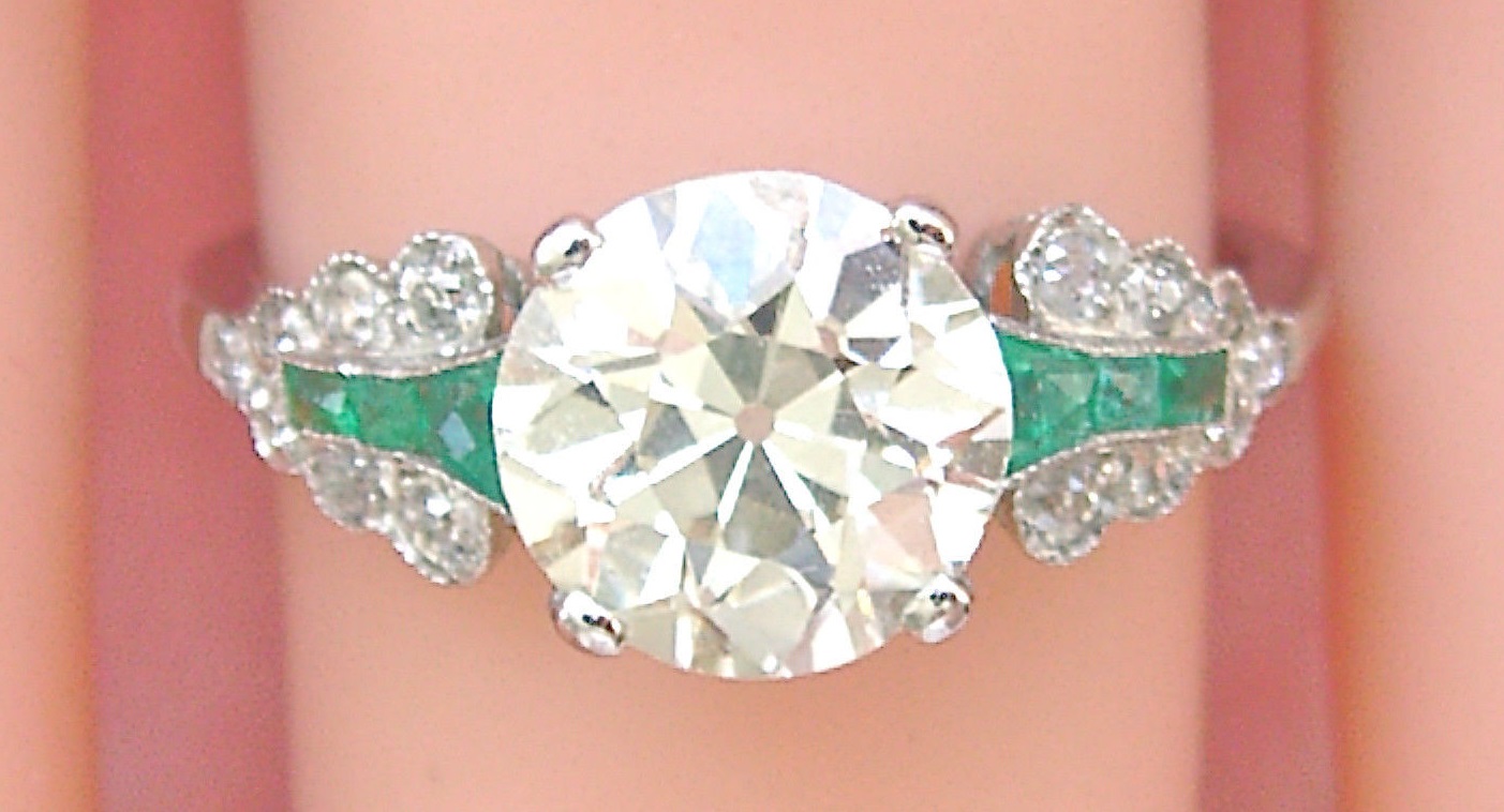 Art Deco 1.80 Ct Yellow European Cut Diamond & Emerald Platinum Engagement Ring