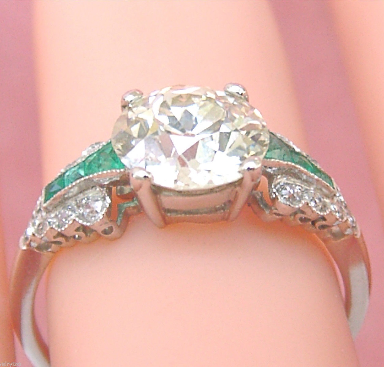 Art Deco 1.80 Ct Yellow European Cut Diamond & Emerald Platinum Engagement Ring