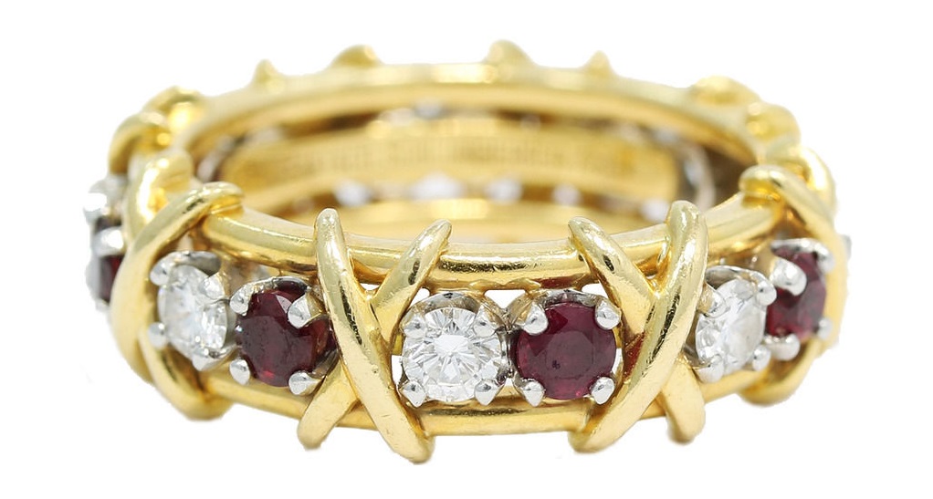 Tiffany & Co Schlumberger 16-Stone Diamond Ruby Ring Solid Platinum & 18K Gold