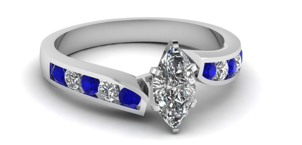 Gold Engagement Ring 3/4 Carat Marquise Cut Diamond & Blue Sapphire
