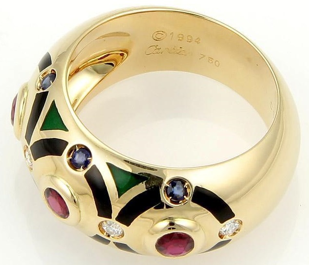 Cartier 18k Yellow Gold Diamond, Emerald, Sapphire & Enamel Dome Band Ring