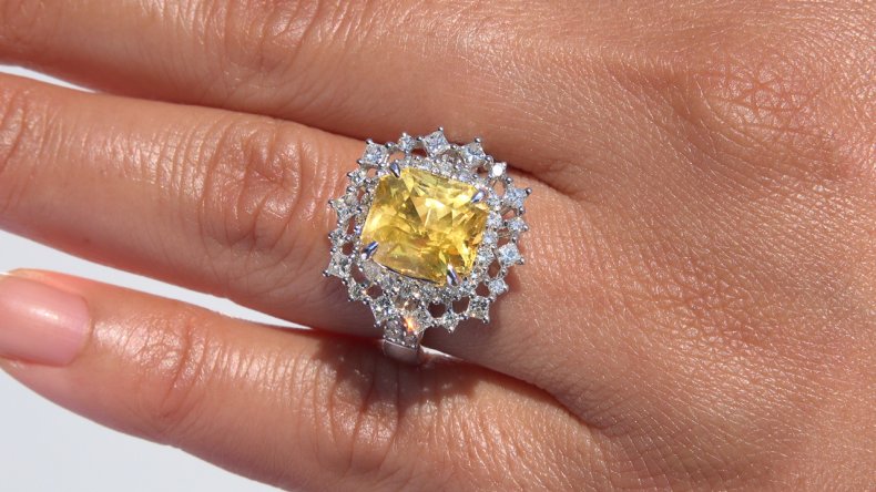 HGT 8.85 ct UNHEATED Natural VIVID Yellow Sapphire Diamond 14k White Gold Ring