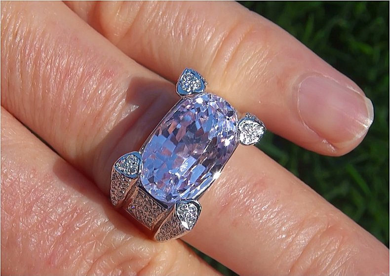 GIA Certified 12.47 ct Natural Pink Kunzite Diamond 14k White Gold Estate Ring