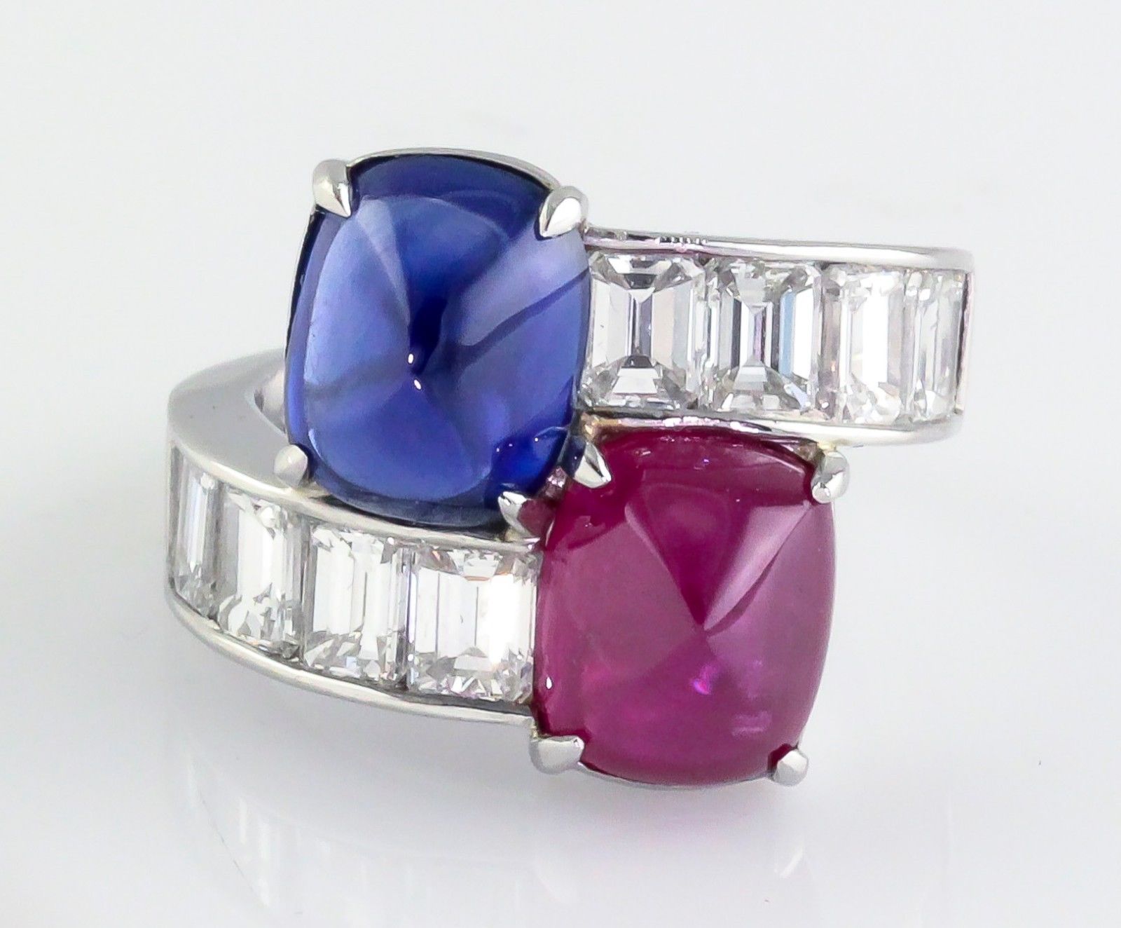Burma Ruby Ceylon Sapphire Emerald Cut Diamond Platinum Contraire Ring