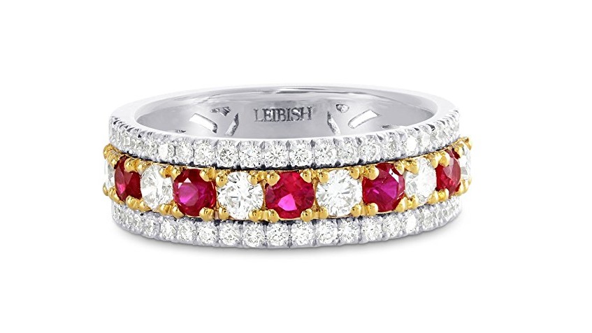 1.21Cts Ruby Gemstone Side Diamonds Band Ring Set in 18K White Yellow Gold 