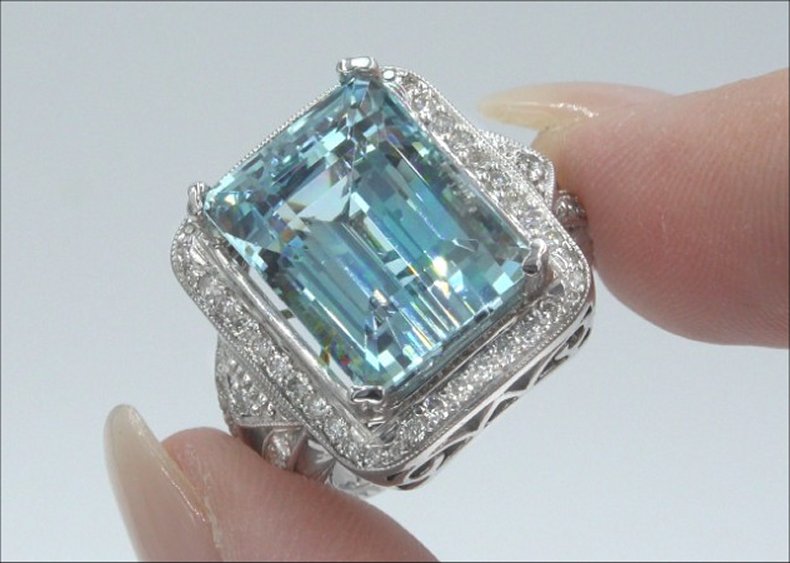 GIA 14.45 ct FLAWLESS Natural Aquamarine Diamond 14k White Gold Estate Ring 