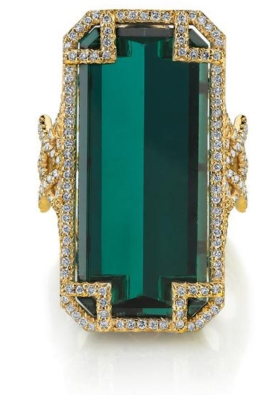 Erica Courtney presents 18K Yellow Gold “Chevron” ring, featuring a 22.51ct Indicolite Tourmaline, accented with 1.98ctw Diamonds 