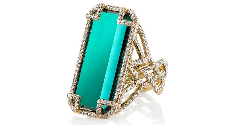 Erica Courtney presents 18K Yellow Gold “Chevron” ring, featuring a 22.51ct Indicolite Tourmaline, accented with 1.98ctw Diamonds 