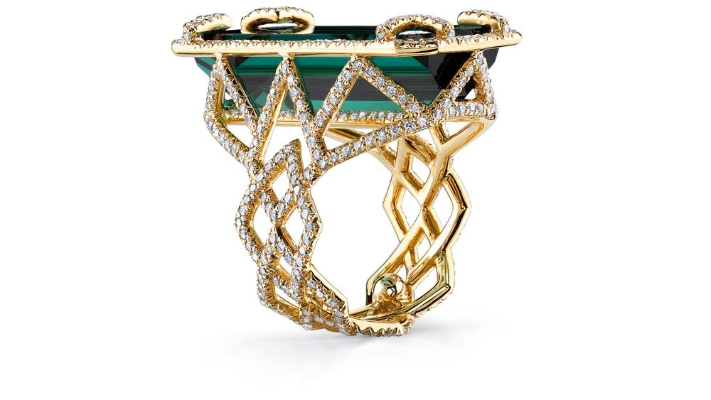 Erica Courtney presents 18K Yellow Gold “Chevron” ring, featuring a 22.51ct Indicolite Tourmaline, accented with 1.98ctw Diamonds ($56,000)