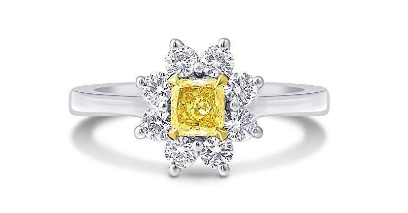 0.69Cts Yellow Diamond Engagement Halo Ring Set in 18K White Yellow Gold GIA
