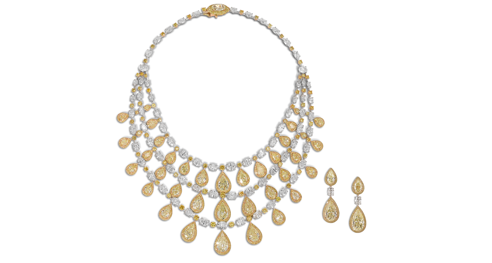 Yellow pear shape diamond necklace with white marquise and pear cut diamonds