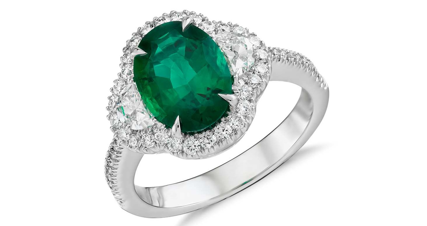 Emerald and Diamond Halo Ring in 18k White Gold (2.01 ct. center)