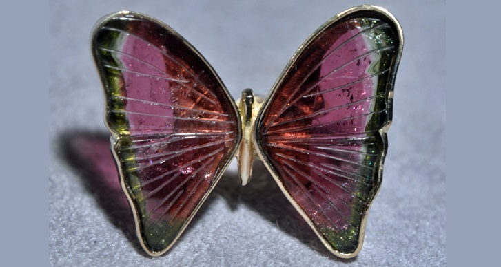 Pink and Green Watermelon Tourmaline 17.54ct Butterfly Handcrafted 14k Ring