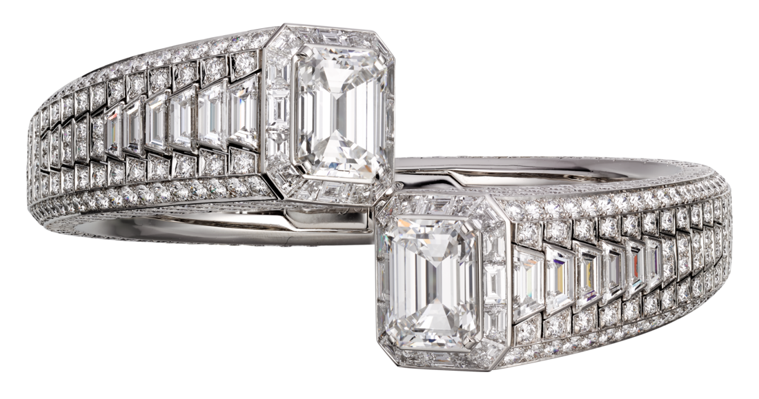 A Gorgeous Cartier High Jewelry Platinum Diamond Bracelet - platinum, one E VVS2 emerald-cut diamond of 6.22 carats and one F VVS1 emerald-cut diamond of 6.19 carats, tapered diamonds, brilliant-cut diamonds.