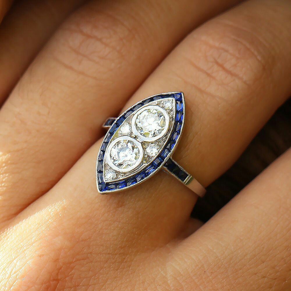 Vintage Art Deco European Double Diamond Ring with Sapphires in Platinum 1.20ctw