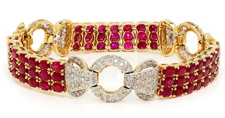 19.50 ctw Estate Vintage Ruby Link Bracelet with Diamonds in 14K Two Tone Gold