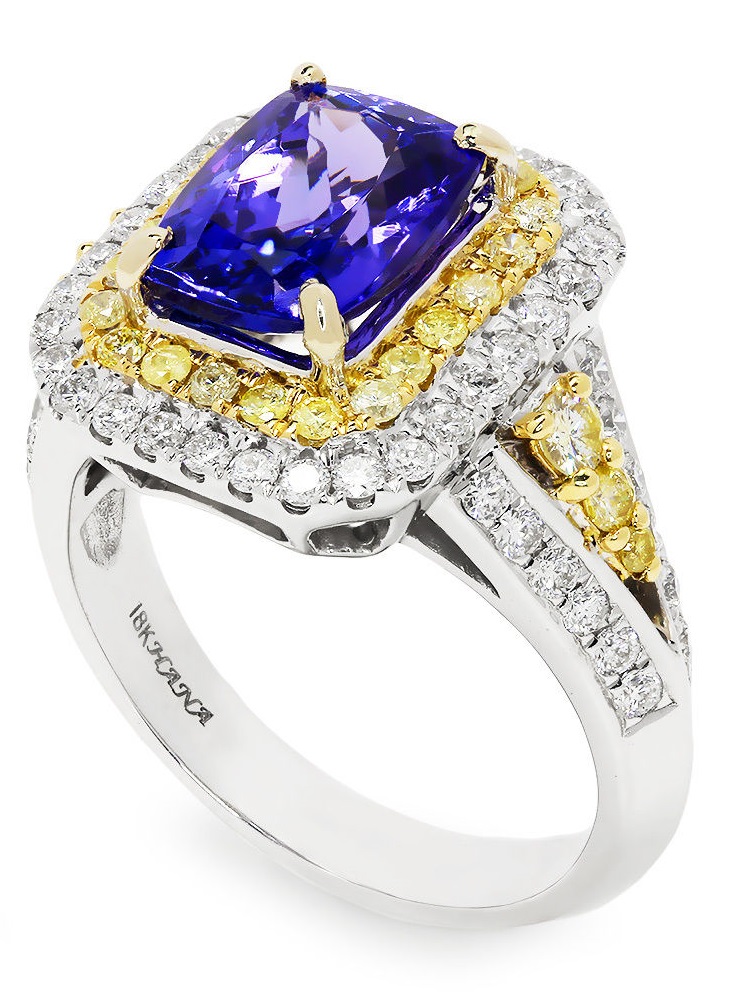 Certified Tanzanite Ring with Fancy Yellow Diamonds in 18K Gold 3.67ctw