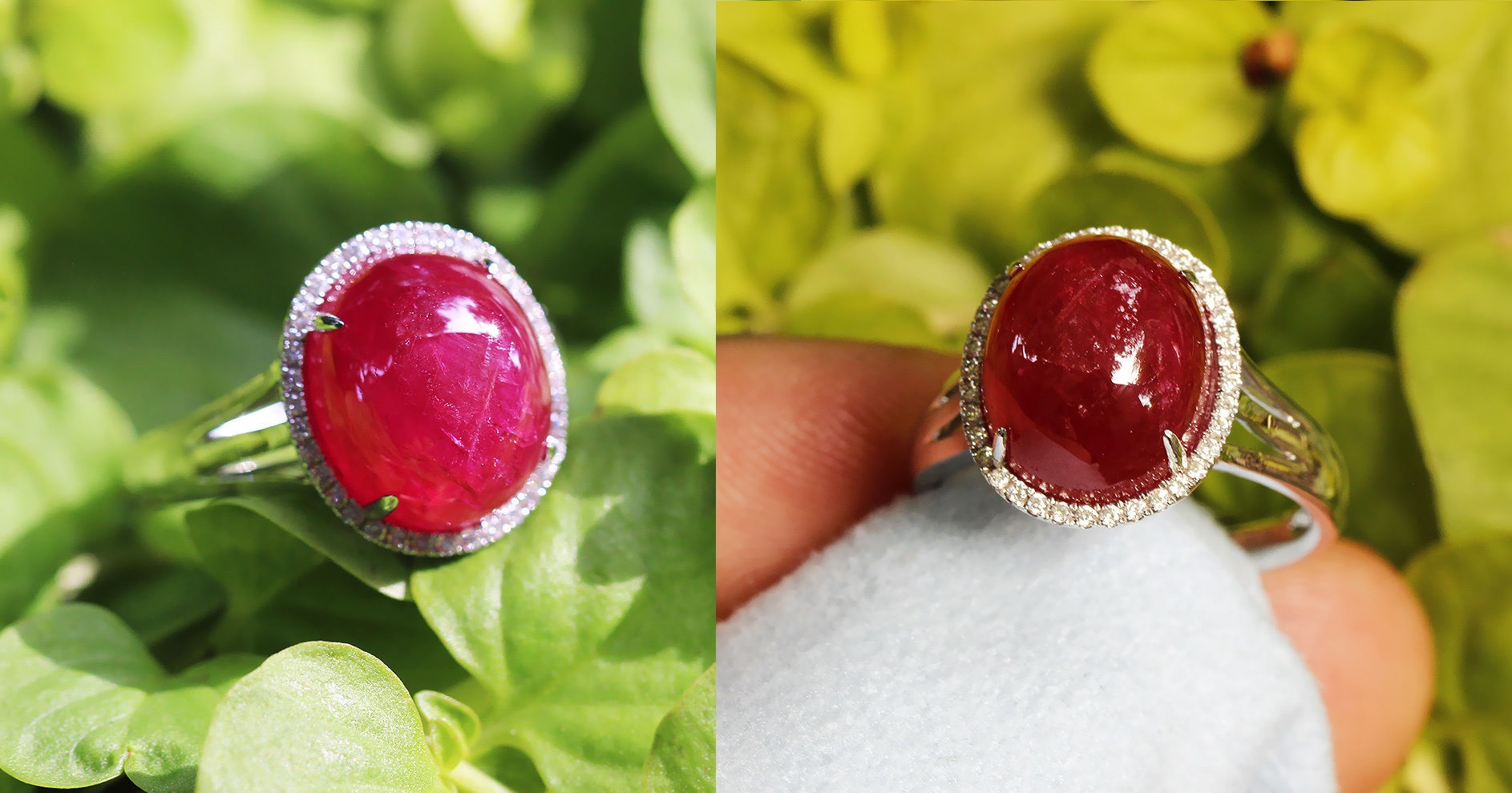 Oval Cabochon Ruby Halo Ring with Diamonds in 18kt White Gold 11.28ctw