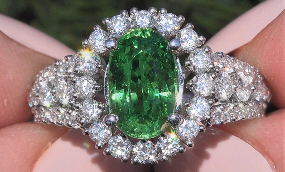 GIA Certified Yellowish Green Tsavorite Garnet Diamond 18k Gold Ring 3.66 CWT