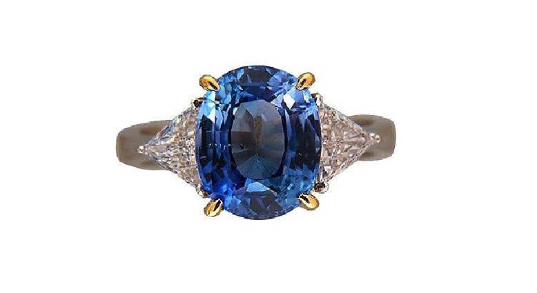 Vintage 4.50ct Cornflower Sapphire .72ct Trilliant Diamond Gold Ring