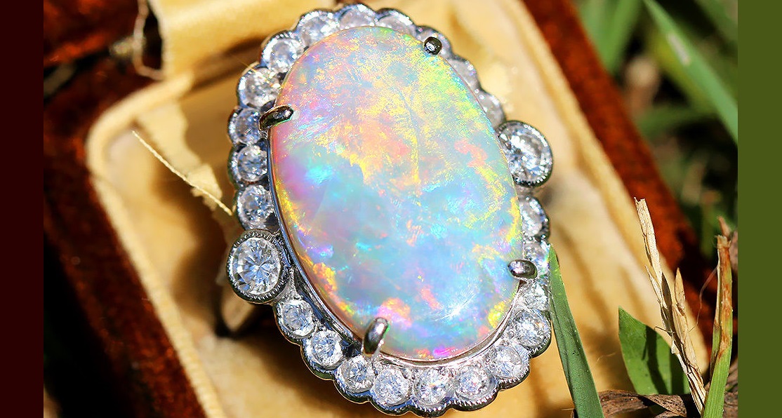 Vintage Oval Australian Opal Ring with Diamonds in 18kt White Gold 9.94ctw
