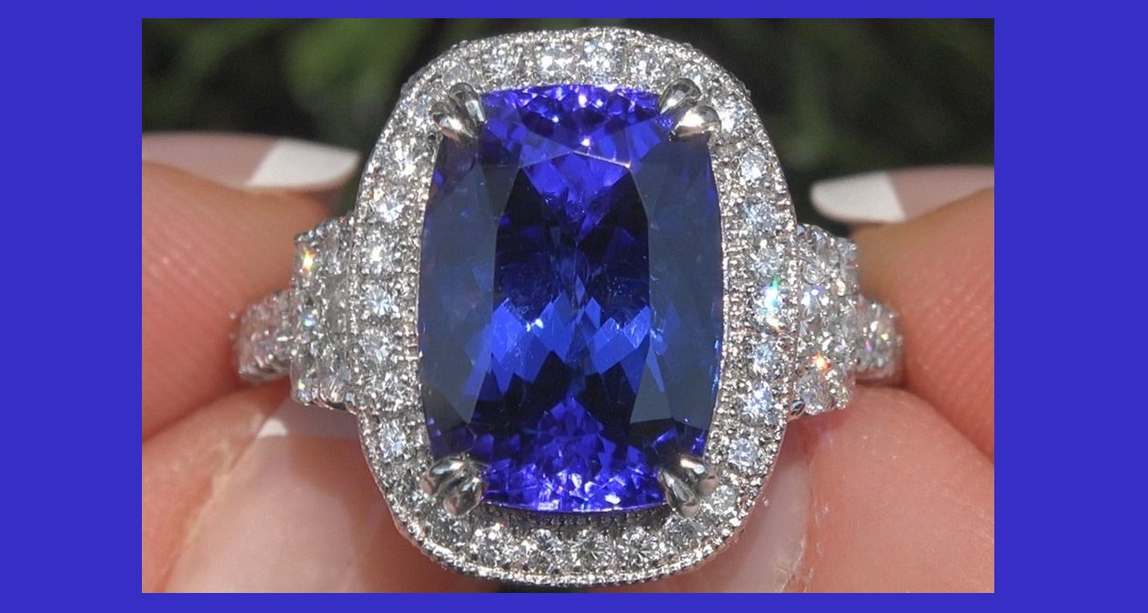 GIA Natural Violetish Blue Tanzanite Diamond Solid Platinum Estate Ring 9.80 TCW
