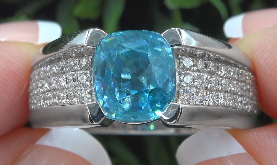 Certified Natural Blue Zircon Diamond Ring Solid 18k White Gold Unisex 8.68 TCW