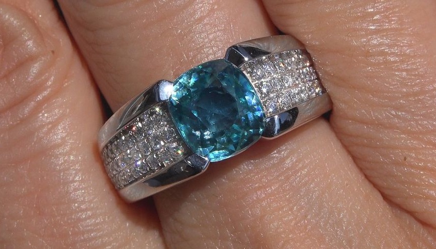 Certified Natural Blue Zircon Diamond Ring Solid 18k White Gold Unisex 8.68 TCW VIVID Neon Pool Blue Men Women Collector Grade 