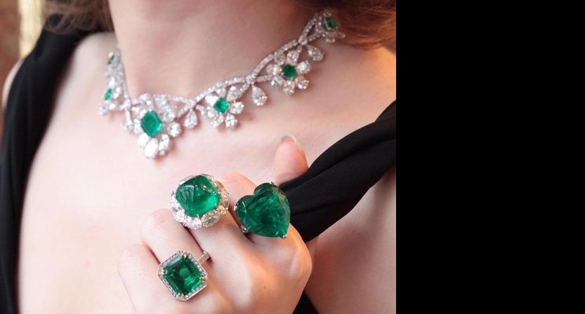 magnificent emerald rings on a visit to the Moussaieff flagship store on Bond Street: Colombian Emerald Cabochon- 19.88 cts; Colombian Emerald Minor - 33.31 cts; Colombian Emerald NTE - 6.88 cts Emerald Necklace - Emeralds NTE - 12.53 cts and diamonds - 73.53 cts. 