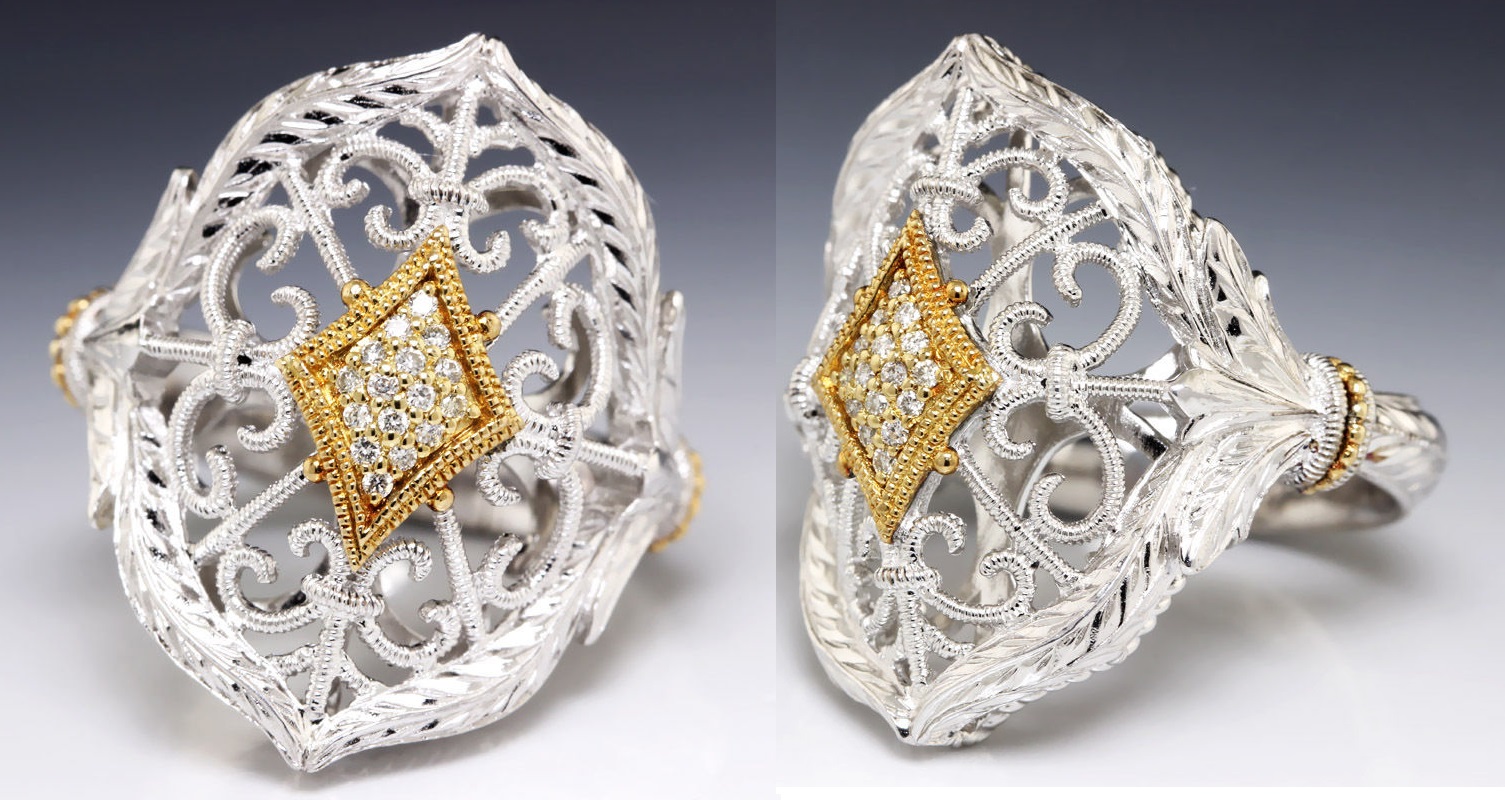 Gabriel & Co Sterling & 18k Yellow Gold Diamond Fashion Roman Open Filigree Ring