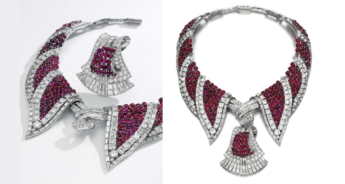Ruby and diamond pendent necklace/brooches, 1950s