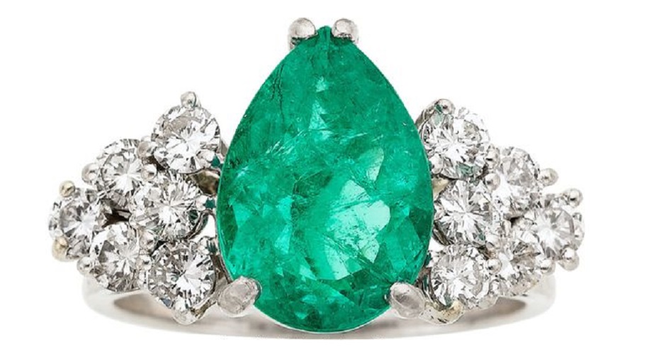 Emerald, Diamond, Platinum Ring The ring features a pear-shaped emerald measuring 12.50 x 9.00 x 4.80 mm and weighing 3.86 carats, enhanced by full-cut diamonds weighing a total of approximately 1.20 carats, set in platinum. Gross weight 9.40 grams.