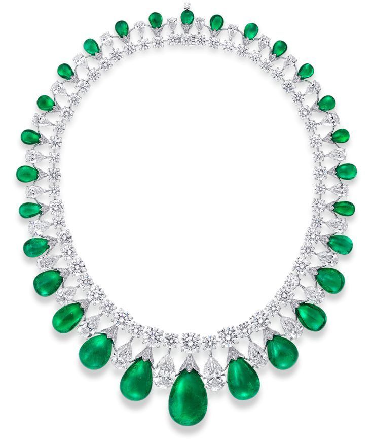 Cabochon Drop Emerald and Diamond Necklace A breathtaking three dimensional design incorporating exceptionally rare stones within this highly unique necklace. Featuring 28 graduating emeralds which lead the eye fluidly to a central single outstanding 38.68 carat pear shape cabochon emerald. This innovative setting protects each delicate cabochon from touching the next and is the epitome of stunning craftsmanship. Diamonds 100.88cts, Emeralds 199.82cts