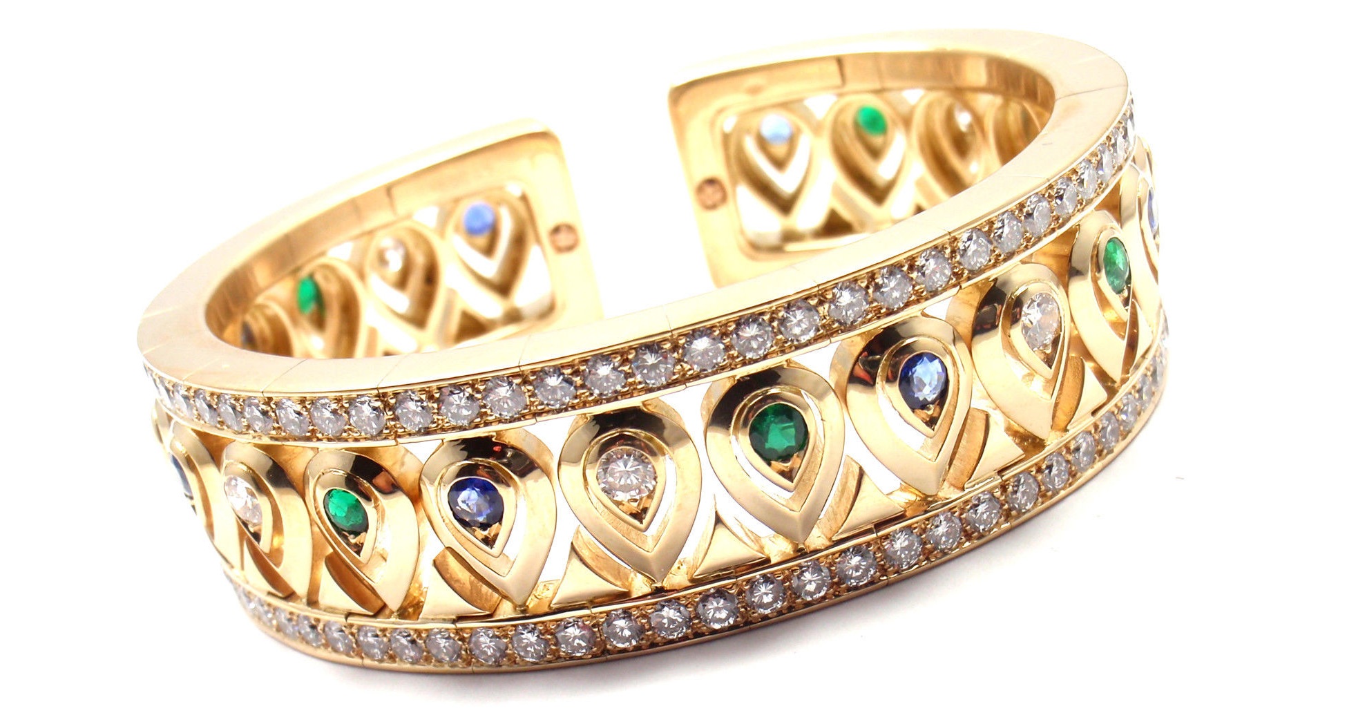 Cartier 18k Yellow Gold Diamond Sapphire Emerald Cuff Bangle Bracelet.