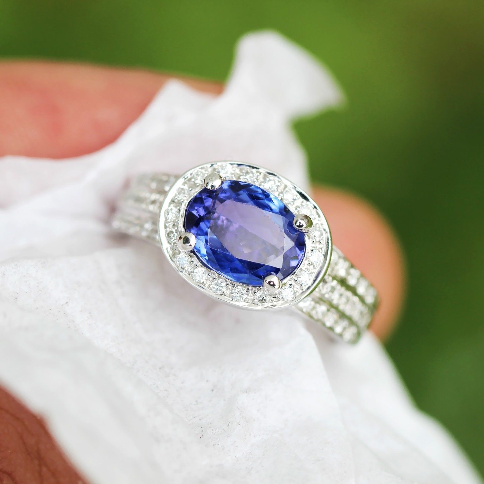 Sideways Oval Tanzanite Halo Ring with Diamonds 14K White Gold 3.00ctw East West
