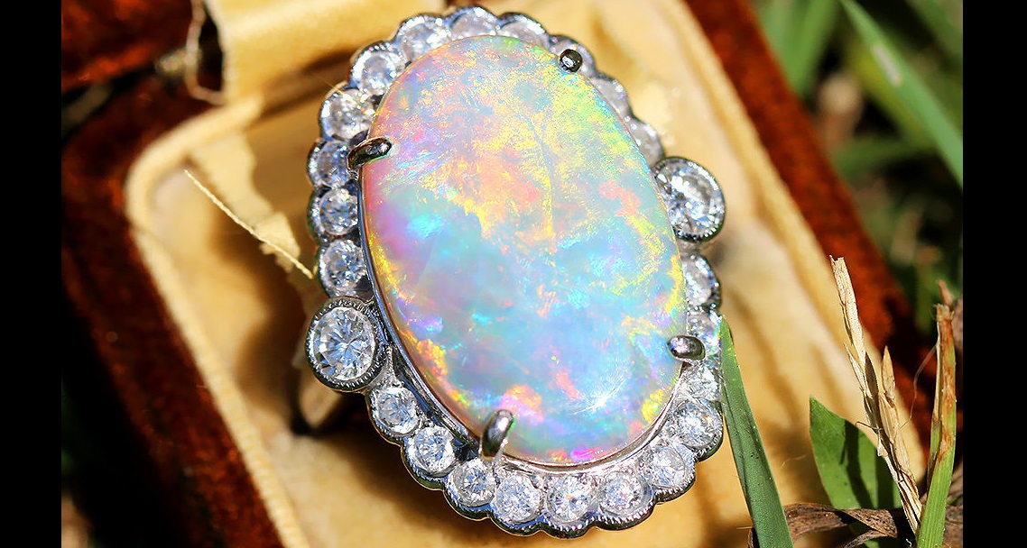 Vintage Oval Australian Opal Ring with Diamonds in 18kt White Gold