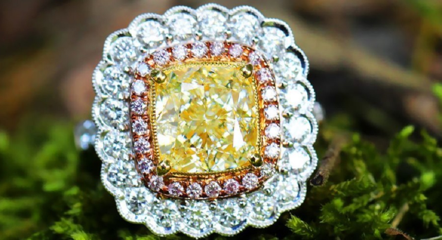 Fancy Yellow Cushion Diamond Engagement Ring 18K Tri-Color Gold 4.83ctw