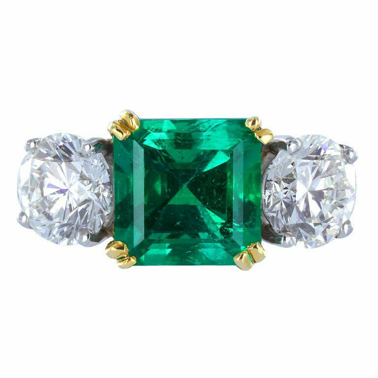 Emerald Diamond Gold Platinum Three-Stone Ring